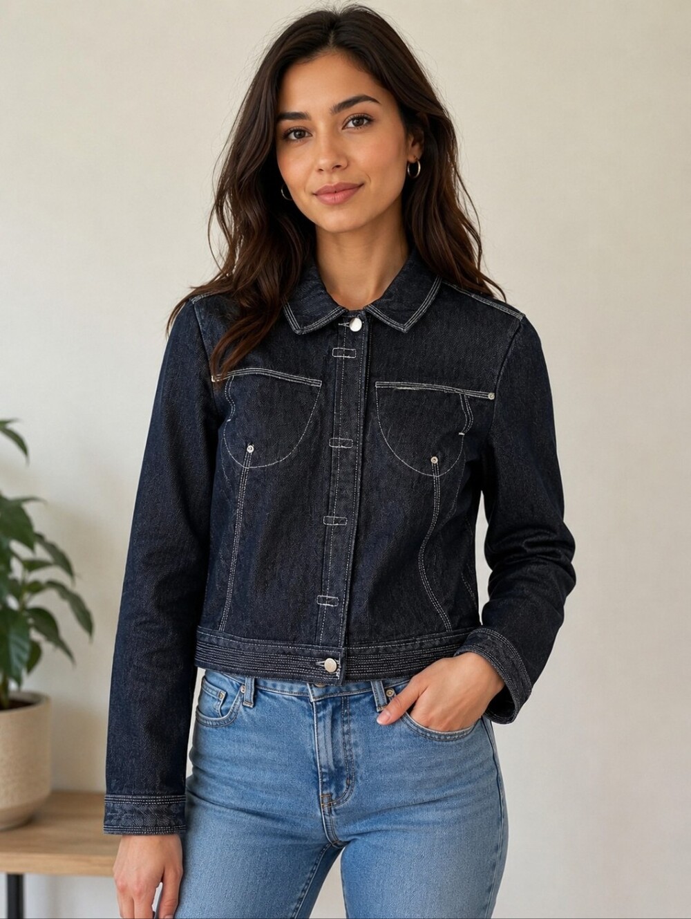 BCBGMAXAZRIA Dark Indigo Denim Jacket Contrast Stitching